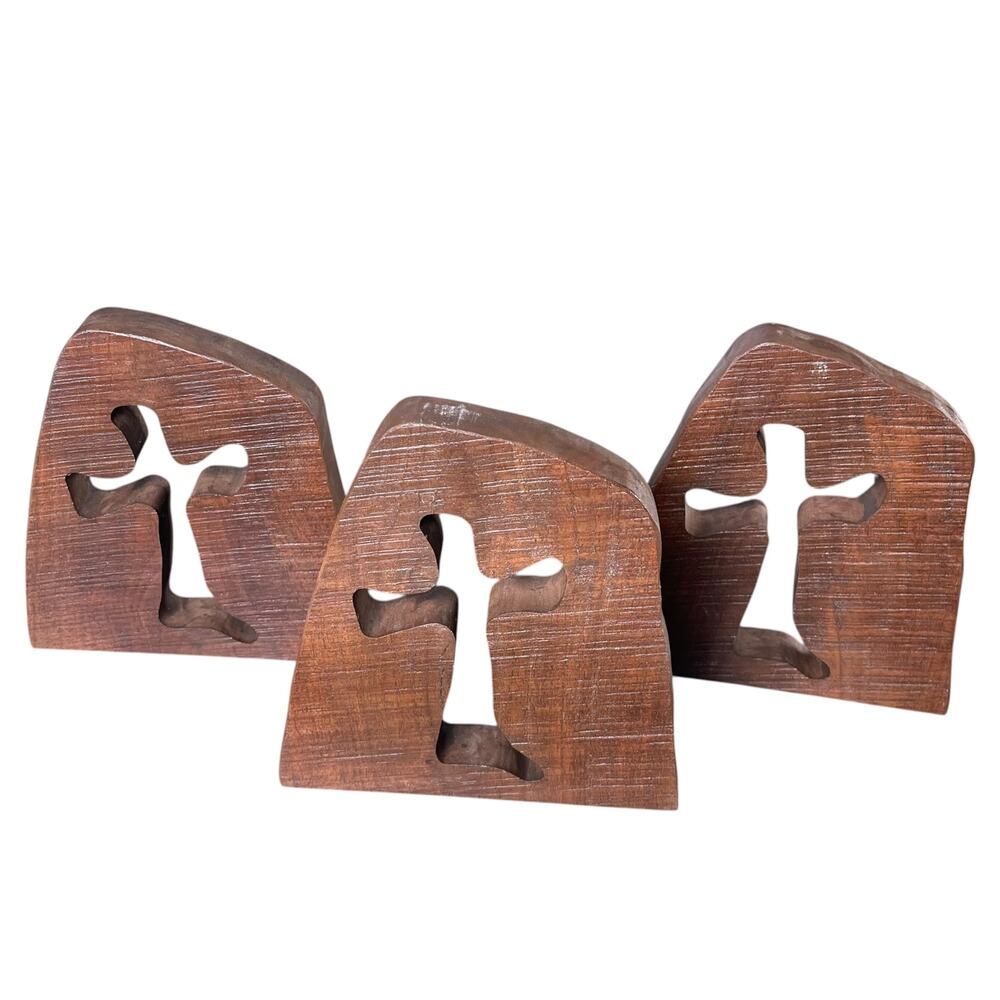 Set of 3 Vintage Style Chunky Wood Cross Cutout Religious Decor Plaques